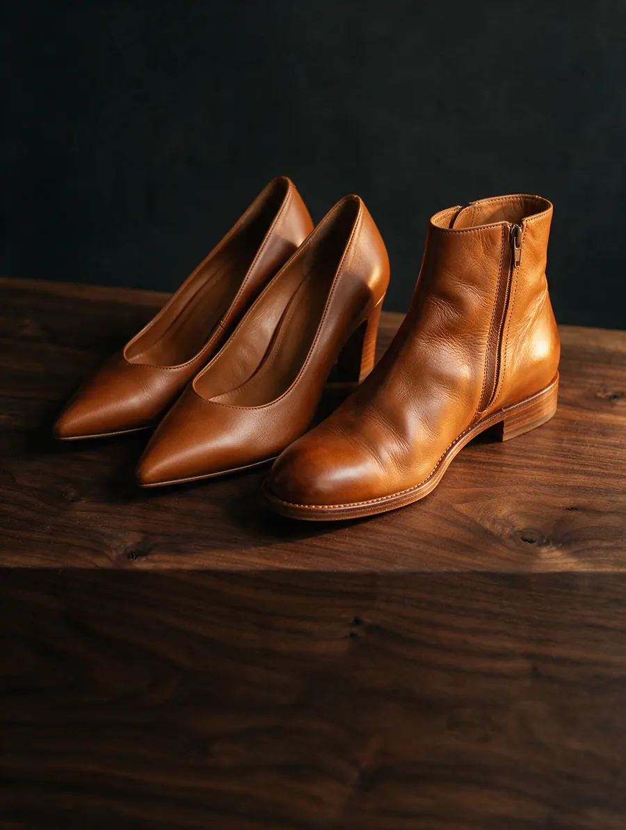 Scarpin e bota feminina de couro caramelo sobre mesa de madeira